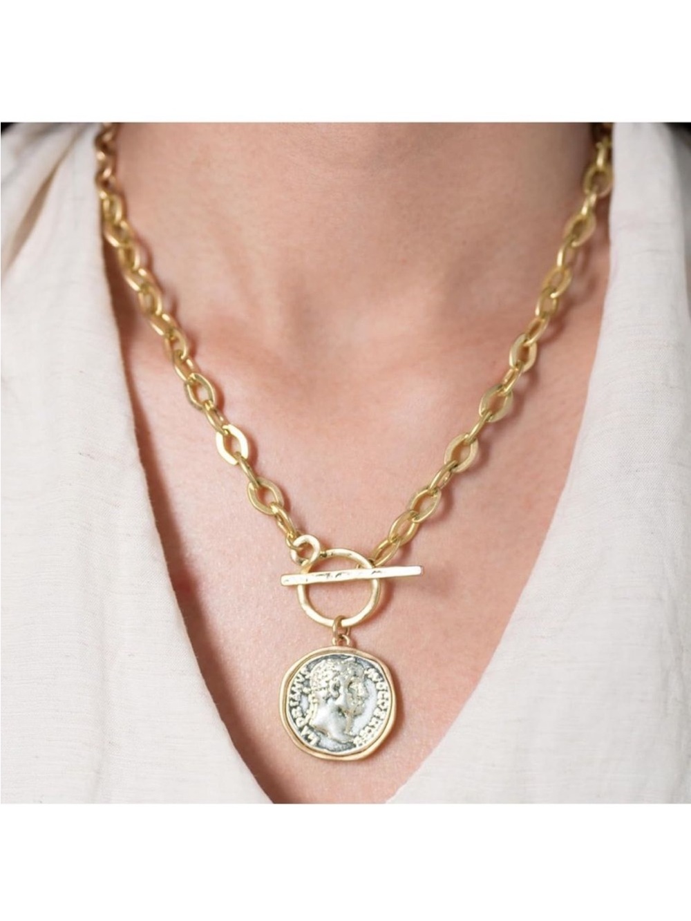 NEW 14k Gold Plated Vintage Matte Color Thick Link Chain Coin Pendant Necklace